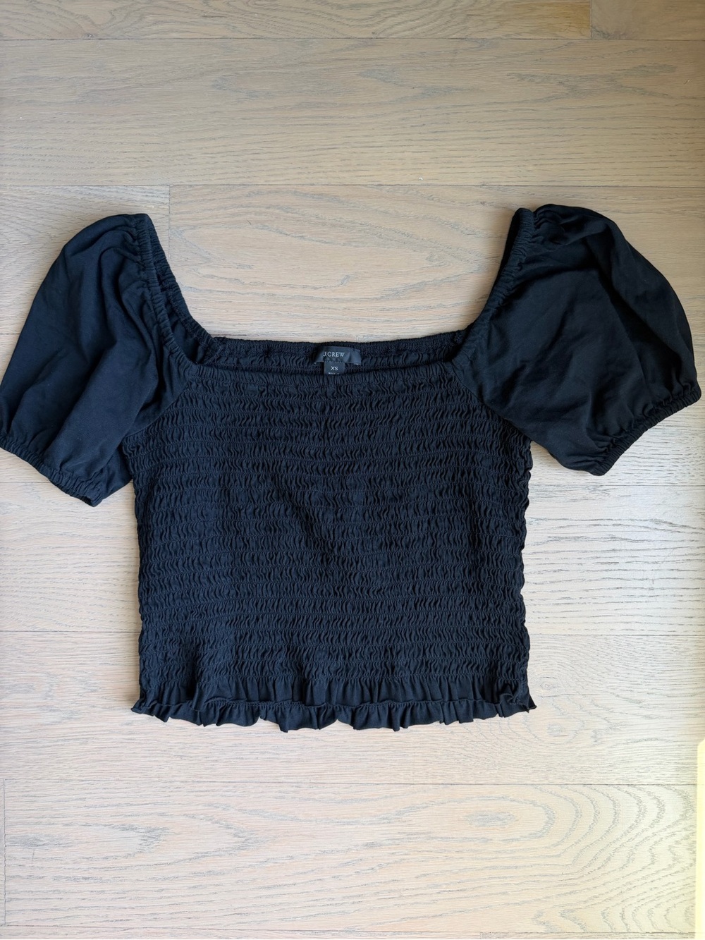 J. Crew Black Smocked Puff-Sleeve Crop Top